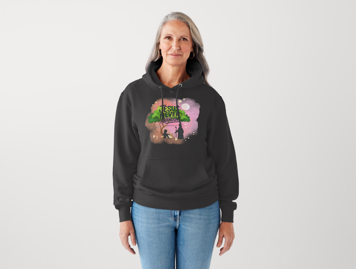 Jesus Never Abandons — Adult Hoodie Mockup