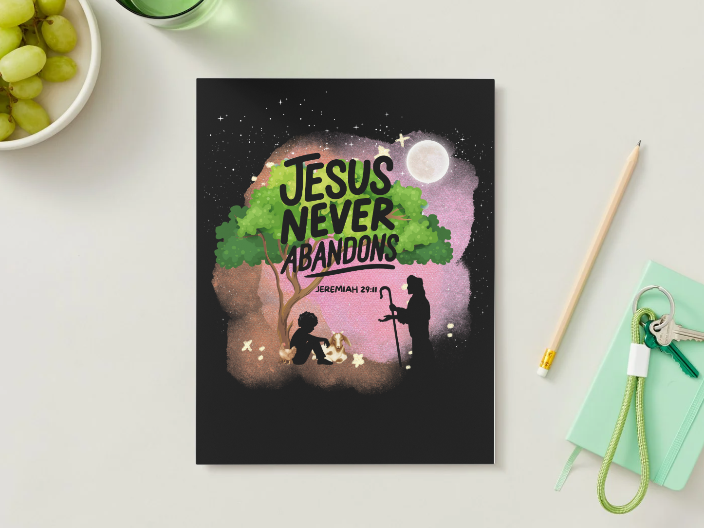 Jesus Never Abandons — Branded Notebook Mockup