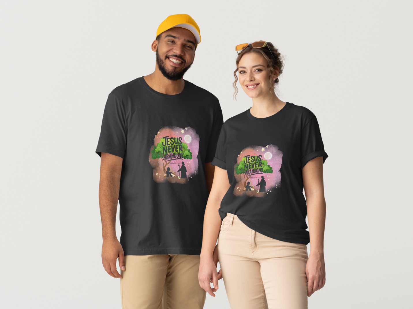 Jesus Never Abandons — Male & Female T-Shirt Mockup