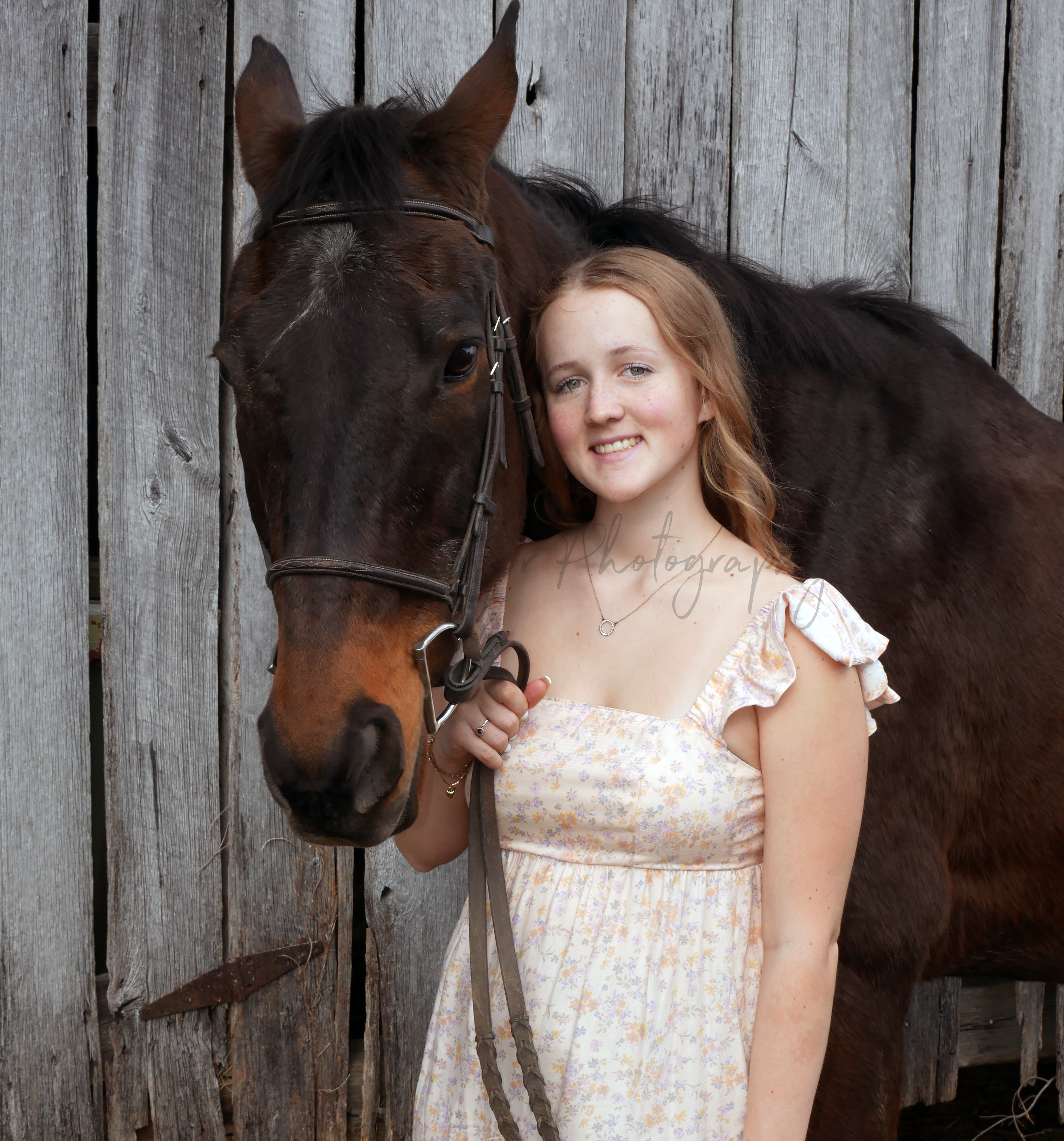 Senior portrait of smiling girl with bay horse against weathered barn wood